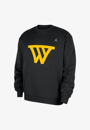 Schwarzer Sweatshirt mit einem großen gelben, stilisierten "W"-Logo auf der Vorderseite und einem kleinen silbernen Jumpman-Logo auf der oberen rechten Brust.