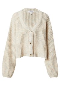 Cardigan court de couleur crème avec une texture en tricot épais, un col en V profond et quatre gros boutons sur le devant. Tissu doux et chaud.