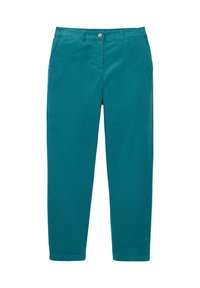 Pantalons en velours côtelé de couleur teal avec poches avant, passants de ceinture et fermeture à bouton, présentés à plat sur un fond blanc.