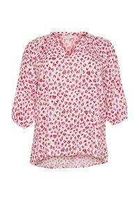 Korte ærmer bluse i let materiale med et pink og rødt leopardprint, V-udskæring og en let længere bagkant.