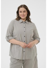 Chemise rayée boutonnée avec col, présentant des couleurs bleu marine et crème, manches retroussées et coupe décontractée. Texture de tissu douce.