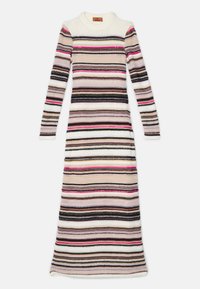 Stickad klänning med lång ärm som har horisontella ränder i krämfärg, rosa, svart och brunt. Fitted silhuett med rundad hals.