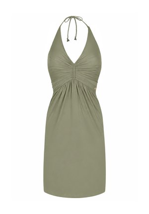 Mouwloze, olijfgroene halterjurk met geplooide details onder de buste, kniehoogte en striksluiting in de nek.