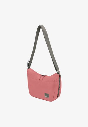 Crossbody-Tasche aus pinkem Stoff mit einem grauen Schultergurt. Verfügt über ein Hauptfach mit Reißverschluss und seitlichen dekorativen Zierstreifen. Leicht und langlebig.