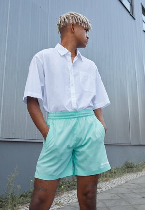 Weißes Kurzarm-Hemd mit Knopfleiste und Tasche; mintgrüne Shorts mit elastischem Bund. Das Modell steht vor einer grauen Wand mit Pflanzen.