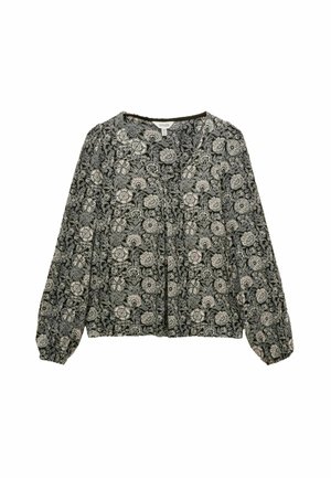 Schwarze Bluse mit langen Ärmeln, weißem Blumenmuster, rundem Ausschnitt und gerafften Manschetten.