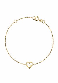 Goldarmband mit einer dünnen Kette, das einen hohlen Herzanhänger und einen kleinen Edelsteineinsatz beinhaltet. Einfaches Design, glatte Textur.