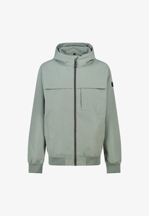 Light green hooded jacket made of smooth fabric, featuring a front zipper, two chest pockets, and elastic cuffs. Simple, functional design.