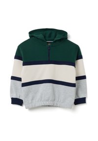 Sudadera con capucha de manga larga para niños, con media cremallera, dobladillo elástico y amplias rayas horizontales en verde, azul marino, crema y gris claro.
