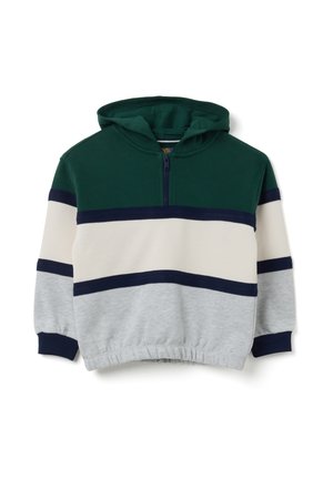 Jongens lange mouwen hoodie met halve rits, elastische zoom en brede horizontale strepen in groen, marineblauw, crème en lichtgrijs.