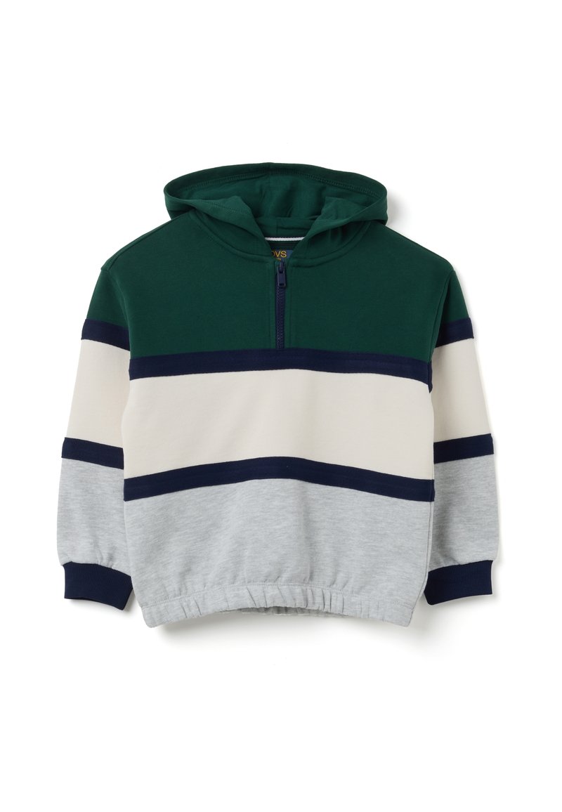 Sudadera con capucha de manga larga para niños, con media cremallera, dobladillo elástico y amplias rayas horizontales en verde, azul marino, crema y gris claro.