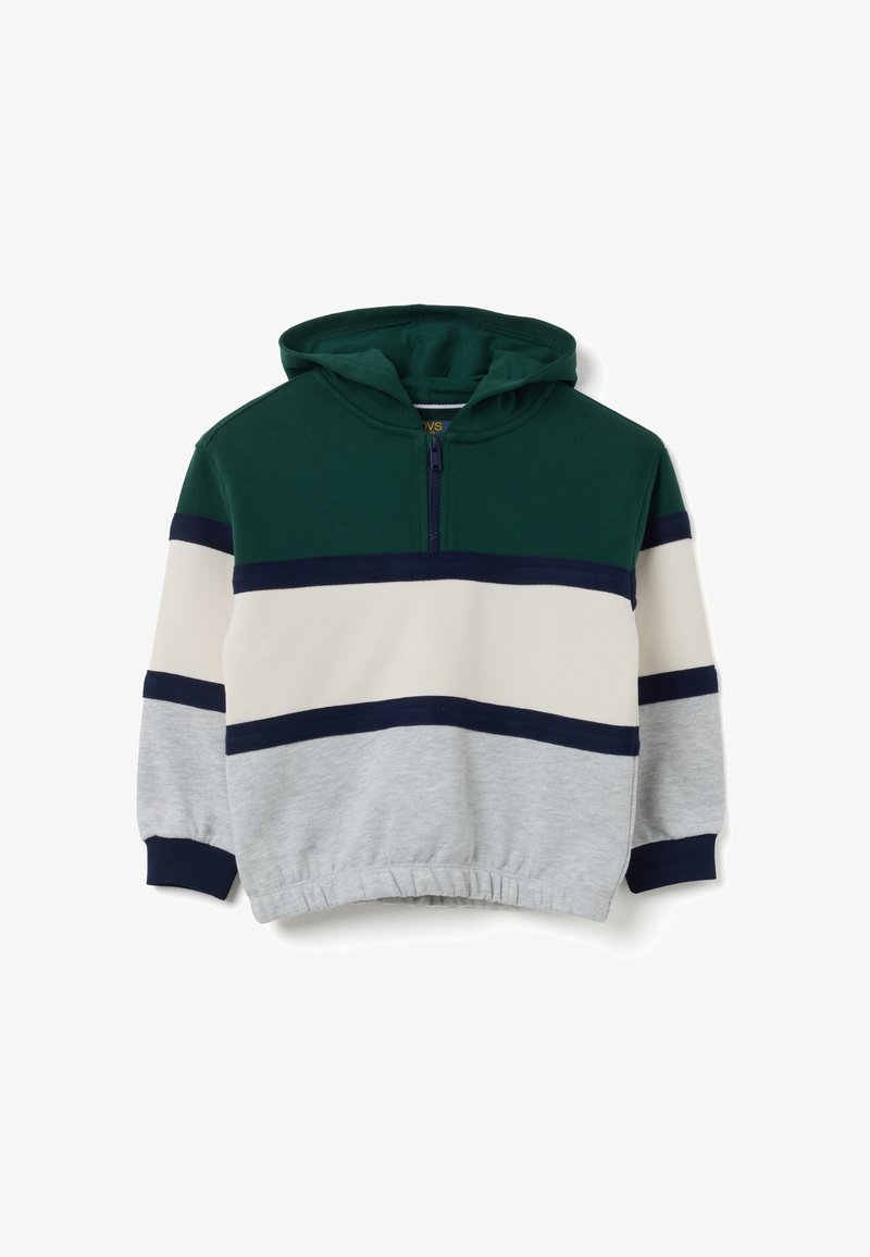 Sudadera con capucha de manga larga para niños, con media cremallera, dobladillo elástico y amplias rayas horizontales en verde, azul marino, crema y gris claro.