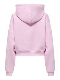 Sweat à capuche court rose clair avec manches longues et capuche, vu de dos sur fond blanc.