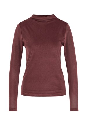 Top aderente a maniche lunghe in velluto bordeaux con scollatura alta e texture liscia.