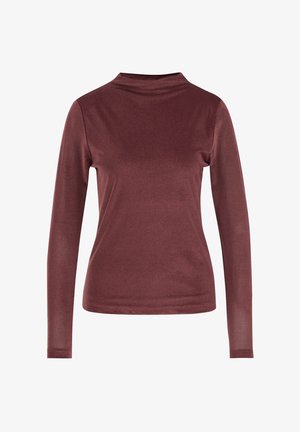 Långärmad topp i vinröd sammet med hög krage och slät textur.