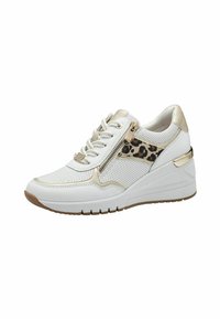 Weiße synthetische Sneaker mit metallischen goldenen Akzenten und Leopardenprint-Panels. Sie verfügen über eine Keilsohle und einen seitlichen Reißverschluss für einen einfachen Zugang.
