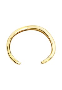 Pulsera de metal dorado en forma de cuff con un diseño suave y redondeado y extremos abiertos, que destaca por su superficie pulida y su forma minimalista.