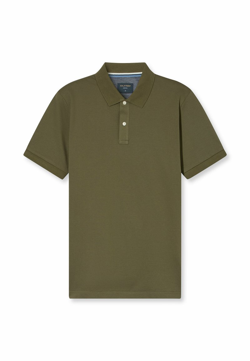Olivgrünes Poloshirt aus glattem Stoff. Verfügt über einen klassischen Kragen, eine zwei-knöpfige Knopfleiste und kurze Ärmel. Keine Muster oder Akzente.