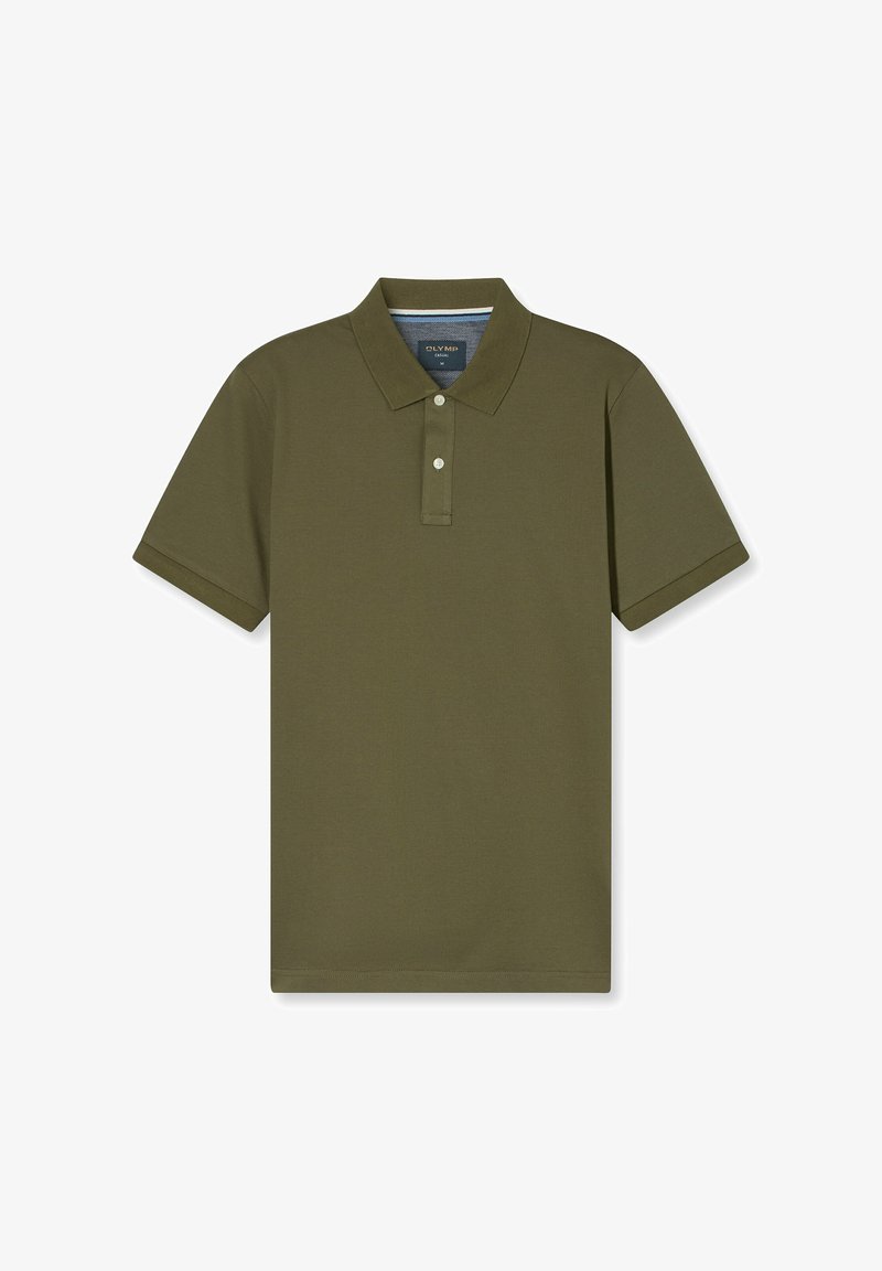 Olijfgroene poloshirt van gladde stof. Beschikt over een klassieke kraag, een sluiting met twee knopen en korte mouwen. Geen patronen of accenten.