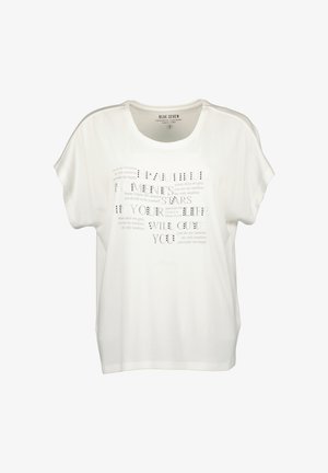 Camicia bianca a maniche corte con scollo rotondo e testo ispirazionale stampato, tra cui "I momenti belli della tua vita ti guideranno."