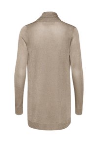 Långärmad cardigan i ljusbeige med en mjuk, texturerad yta, med en krage och en rak skärning som sträcker sig ner till höfterna.
