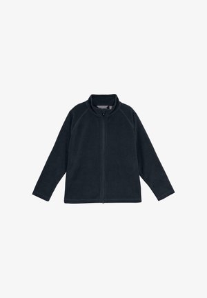 Giacca in pile navy con colletto alto e cerniera integrale. Presenta maniche raglan e una superficie morbida e testurizzata, ideale per essere indossata a strati.