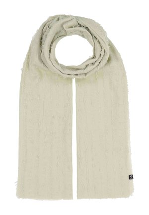 Hellbeiger Schal mit strukturierten vertikalen Fransen, oben gefaltet mit einem kleinen schwarzen Markenzeichen am unteren rechten Rand.