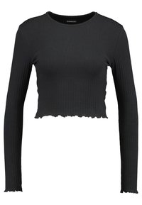 Fekete bordás, hosszú ujjú crop top, kerek nyakkivágással és hullámos alsó szegéllyel. Rugalmas anyagból készült, hogy testehez simuló megjelenést biztosítson.