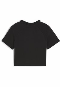 Crna majica kratkih rukava, izrađena od mekanog materijala, s okruglim izrezom i raglan rukavima, s glatkom teksturom i bez vidljivih uzoraka ili akcenta.