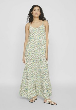 Vestido maxi de una tela ligera y estampada con un diseño multicolor en tonos verdes, azules y amarillos, con tirantes finos ajustables.