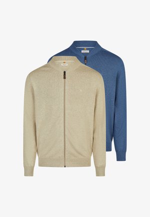 Dwa męskie kardigany na suwak, jeden beżowy z przodu, drugi niebieski z tyłu, oba z prążkowanymi mankietami i kołnierzami.