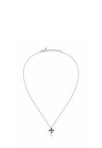 Collana in argento con pendente a croce decorato con accenti neri. Design semplice, texture riflettente e lunghezza regolabile.