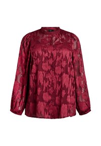 Burgundská blůza z průhledné tkaniny s květinovou výšivkou, s vyšším límcem, zapínáním na knoflíky a dlouhými nabíranými rukávy.