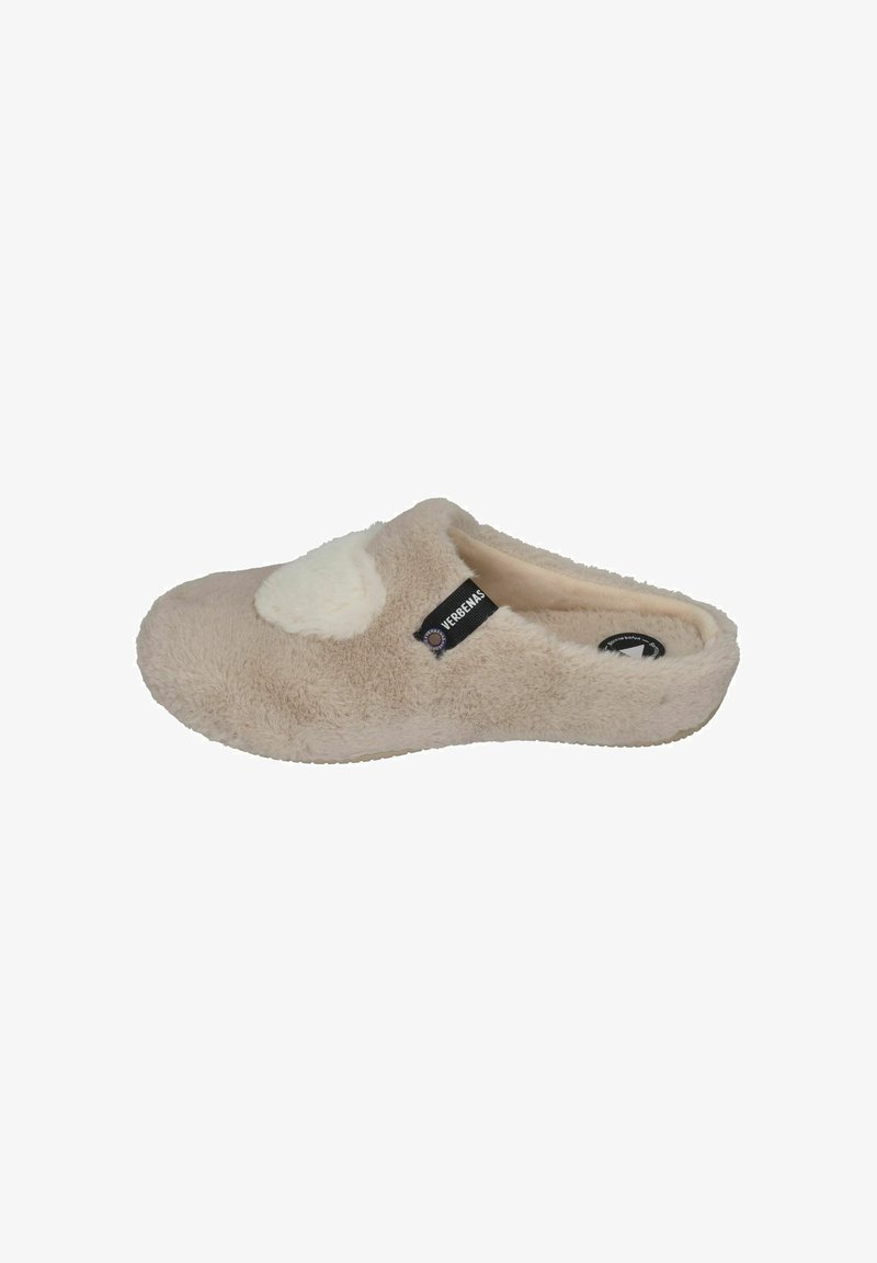 Furry beige slipper with a soft, white accent on the top. It has a low-profile design and textured sole for grip. Brand label visible.