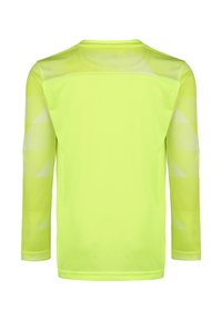 Langarm-Sportshirt in leuchtendem Neon-Gelb. Hergestellt aus atmungsaktivem Netzmaterial mit weißen diagonalen Streifen an Ärmeln und Schultern.
