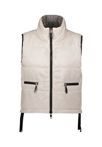 Pikowana kamizelka bez rękawów w jasnym kremowym kolorze z wysokim kołnierzem, czarnymi kieszeniami na zamek i wzorzystą czarną podszewką. Posiada regulowane boczne paski.