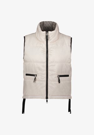 Gewatteerd mouwloos vest in lichtcrème met een hoge kraag, zwarte ritssluitingen op de zakken en een zwart patroon aan de binnenkant. Voorzien van verstelbare riemen aan de zijkanten.