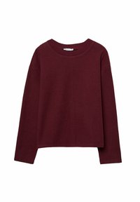 Bordeaux kleurige langemouwen crew neck trui met een geribde kraag en een eenvoudig, egaal breisel ontwerp.