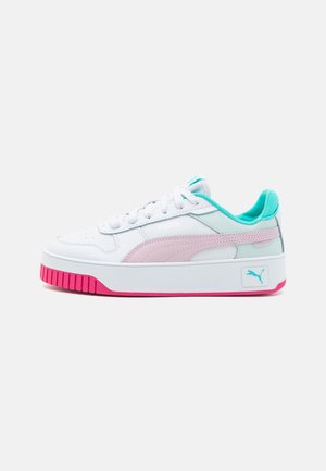 Scarpe da tennis bianche con dettagli in rosa pastello e turchese. Scarpe con tomaia in pelle liscia, punta arrotondata e suola spessa in gomma rosa. Logo Puma sul lato.