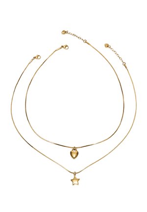 Dve tenké zlaté reťazové náhrdelníky s malými príveskami, jeden v tvare srdca a druhý v tvare hviezdy, zobrazené na bielom pozadí.