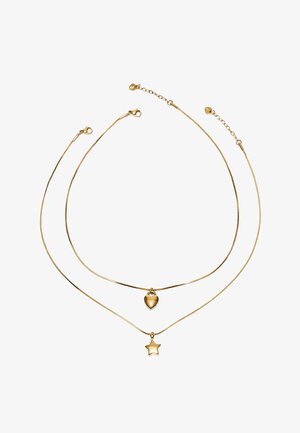 Dve tenké zlaté reťazové náhrdelníky s malými príveskami, jeden v tvare srdca a druhý v tvare hviezdy, zobrazené na bielom pozadí.