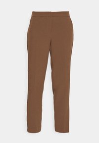 Calças castanhas ajustadas com uma textura suave, corte slim, cintura lisa e bolsos laterais, apresentando um design limpo e minimalista.