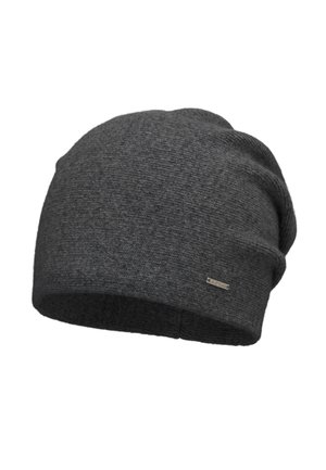 Gray beanie hat made of soft knit fabric, featuring a slouchy design with a small metal logo tag on the side and a folded cuff.