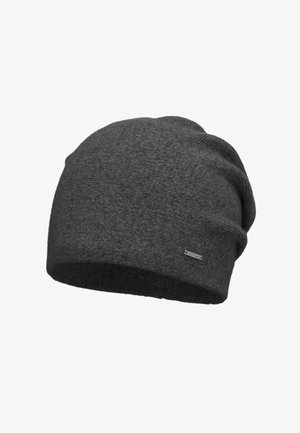 Grijze beanie muts van zachte brei-stof, met een slouchy ontwerp en een klein metalen logo-label aan de zijkant, voorzien van een omgeslagen boord.