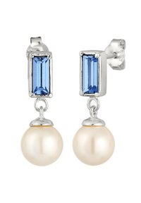 Silvriga örhängen med rektangulära blå stenar ovanpå runda, pärlliknande kulor. Slät yta med en polerad finish.