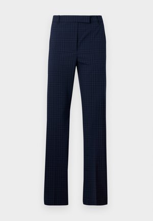 Pantalones de cuadros de marina con un diseño de pierna recta, elaborados en una tela suave. Presentan un frente plano y lazos para cinturón que aseguran un ajuste cómodo.