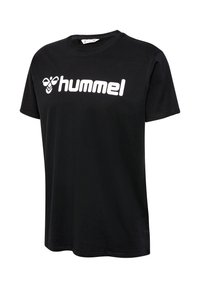 T-shirt noir à manches courtes avec texte blanc « hummel » et logo d'abeille centré sur la poitrine, col rond et coupe ample.