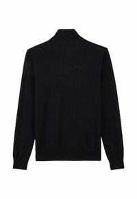 Pull en maille noir avec col, manches longues et ourlet côtelé. Texture lisse et design simple, offrant une silhouette classique.