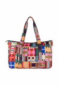 Multicolore schoudertas met geometrische patronen en een ritssluiting. Gemaakt van stof met dubbele handvatten en een gestructureerde rechthoekige vorm.