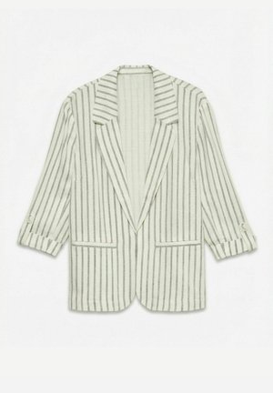 Blazer bianco con righe grigie verticali, rever con intagli, maniche arrotolate con linguette con bottoni e due tasche frontali.